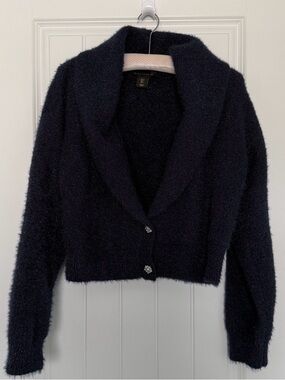 House of Harlow 1960 Shimmery Cropped Cardigan Sweater With Rhinestone Buttons